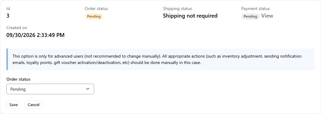 The Change status panel with a warning for advanced users, an Order status dropdown and Save and Cancel buttons