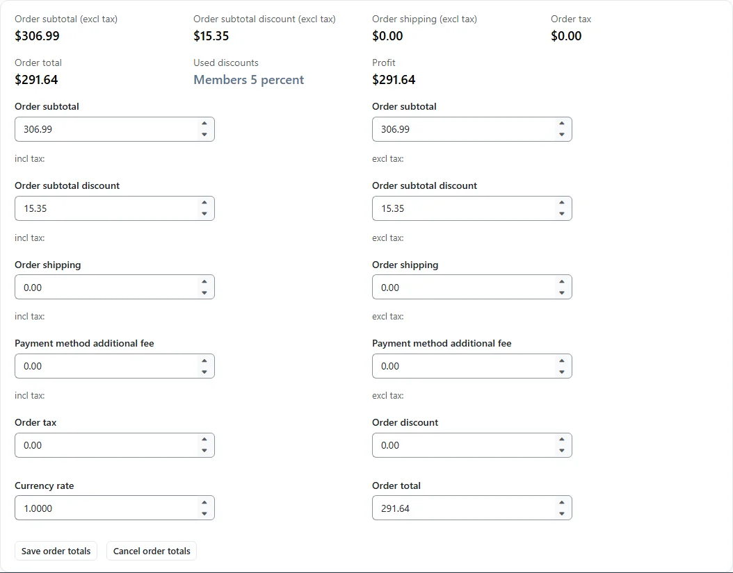 The order totals editor with order subtotal, subtotal discount, shipping, payment method additional fee, tax, discount, currency rate and order total, each incl and excl tax
