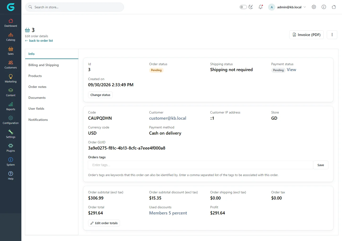 The Info tab of order 3: statuses, customer, store, payment method, order GUID, tags and totals