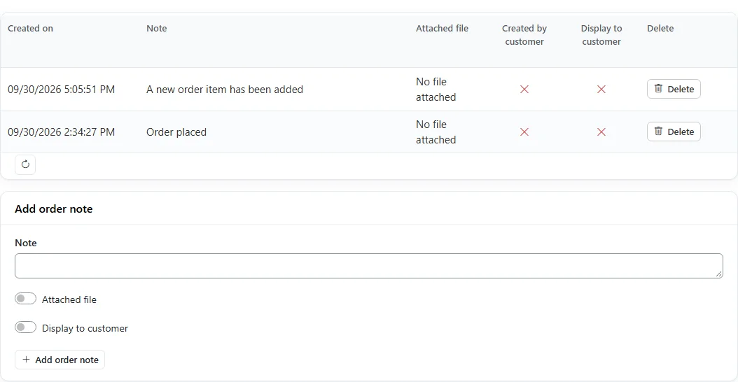 Order notes grid with system notes and the Add order note form with Attached file and Display to customer switches