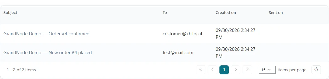 Notifications tab listing the order confirmation to the customer and the new order email to the store owner