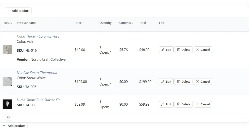Products tab with three items, their attributes, SKU, vendor, price, quantity, commission and total, plus Edit, Delete and Cancel buttons