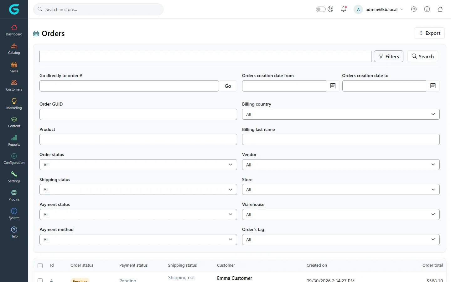 The expanded order filters: order number, creation dates, order GUID, billing country, product, billing last name, statuses, vendor, store, warehouse, payment method and order tag