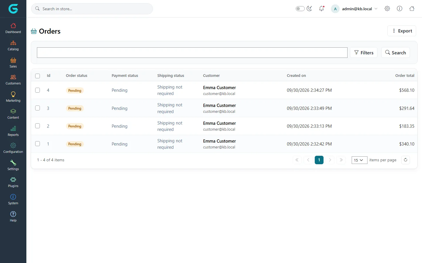 Orders list with a quick search box, Filters and Search buttons, and a grid of orders