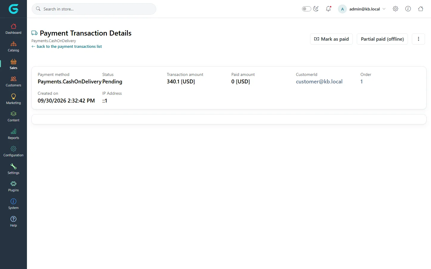 Payment Transaction Details of a pending Cash on delivery transaction of 340.10 USD with Mark as paid and Partial paid (offline) buttons