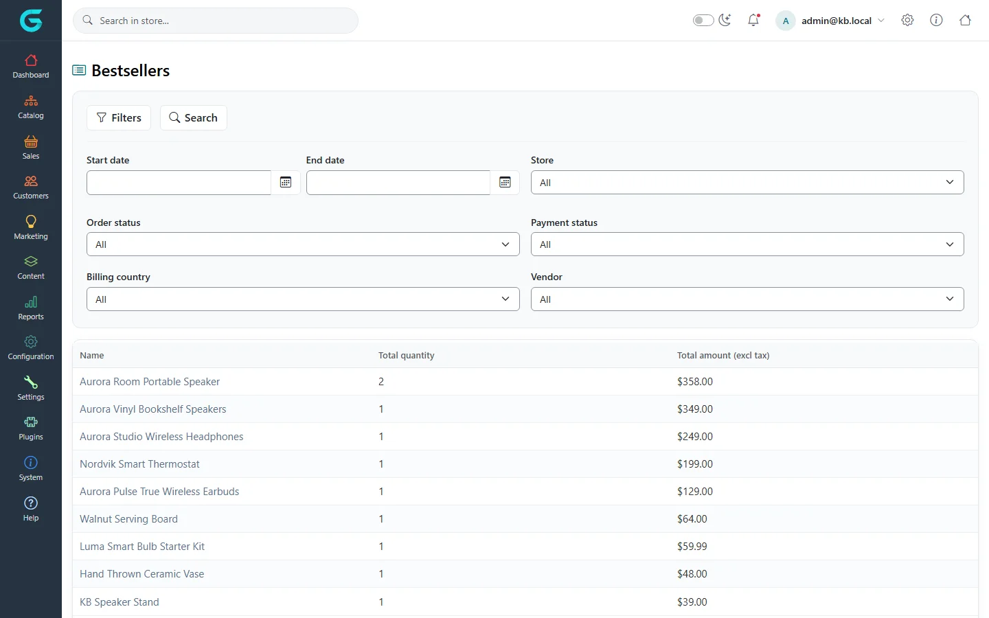 The Bestsellers report with filters for dates, store, order status, payment status, billing country and vendor, and products with total quantity and total amount