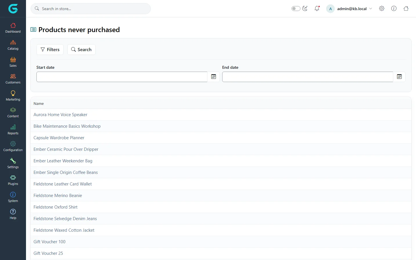 The Products never purchased report with start and end date filters and a list of product names