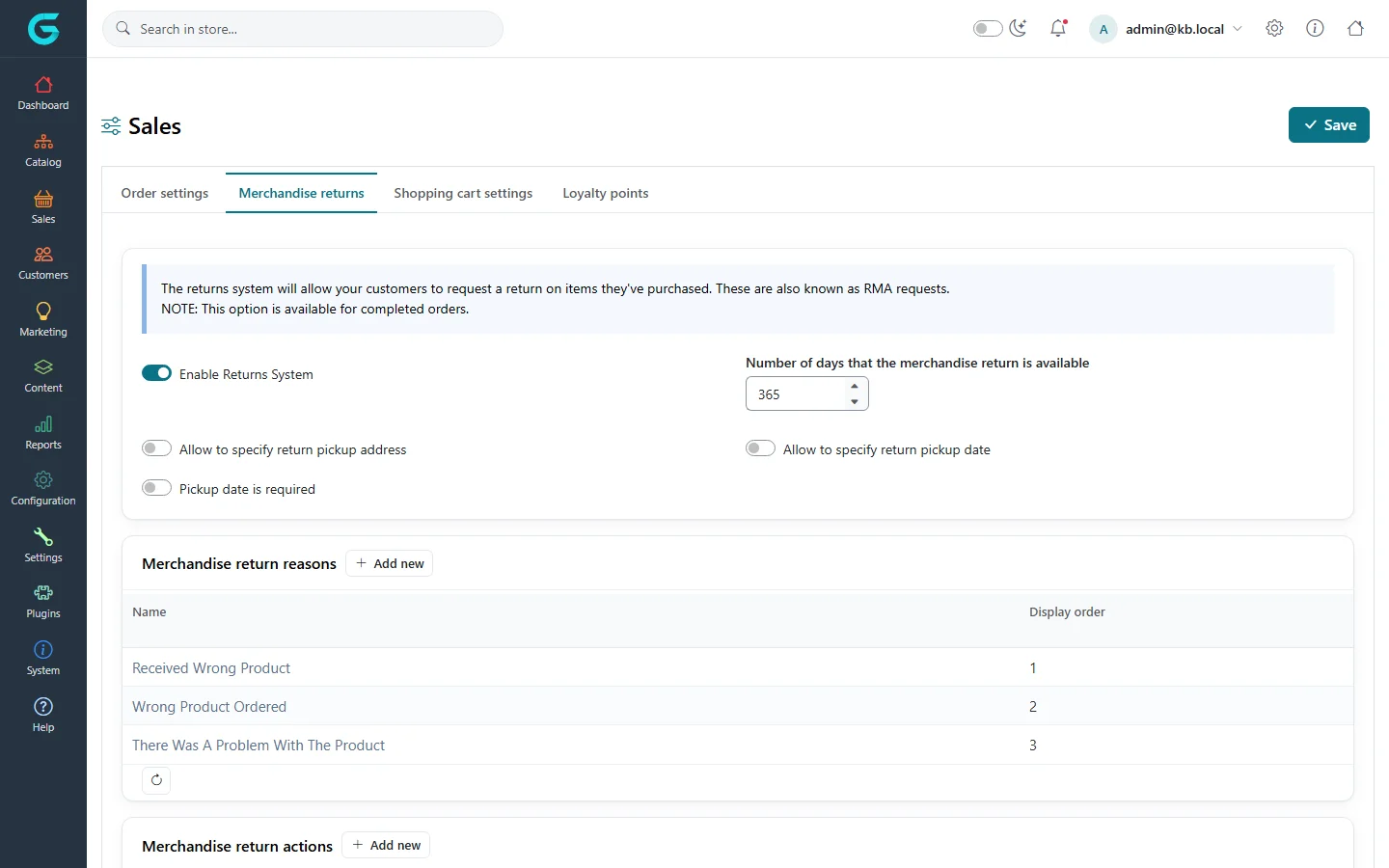 The Merchandise returns tab of the sales settings with Enable Returns System, number of days, pickup options, and the reasons and actions grids