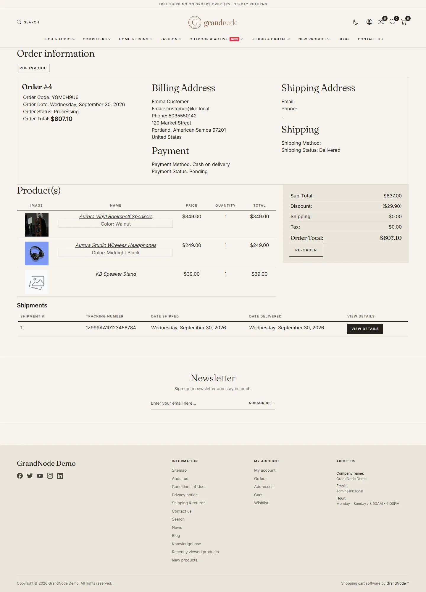 The storefront order details of order 4 with addresses, payment and shipping, products, totals, shipments and notes