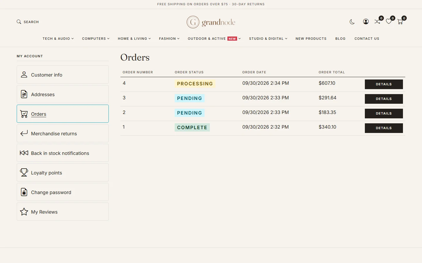 My account Orders page listing orders 4, 3, 2 and 1 with statuses Processing, Pending, Pending and Complete, dates and totals