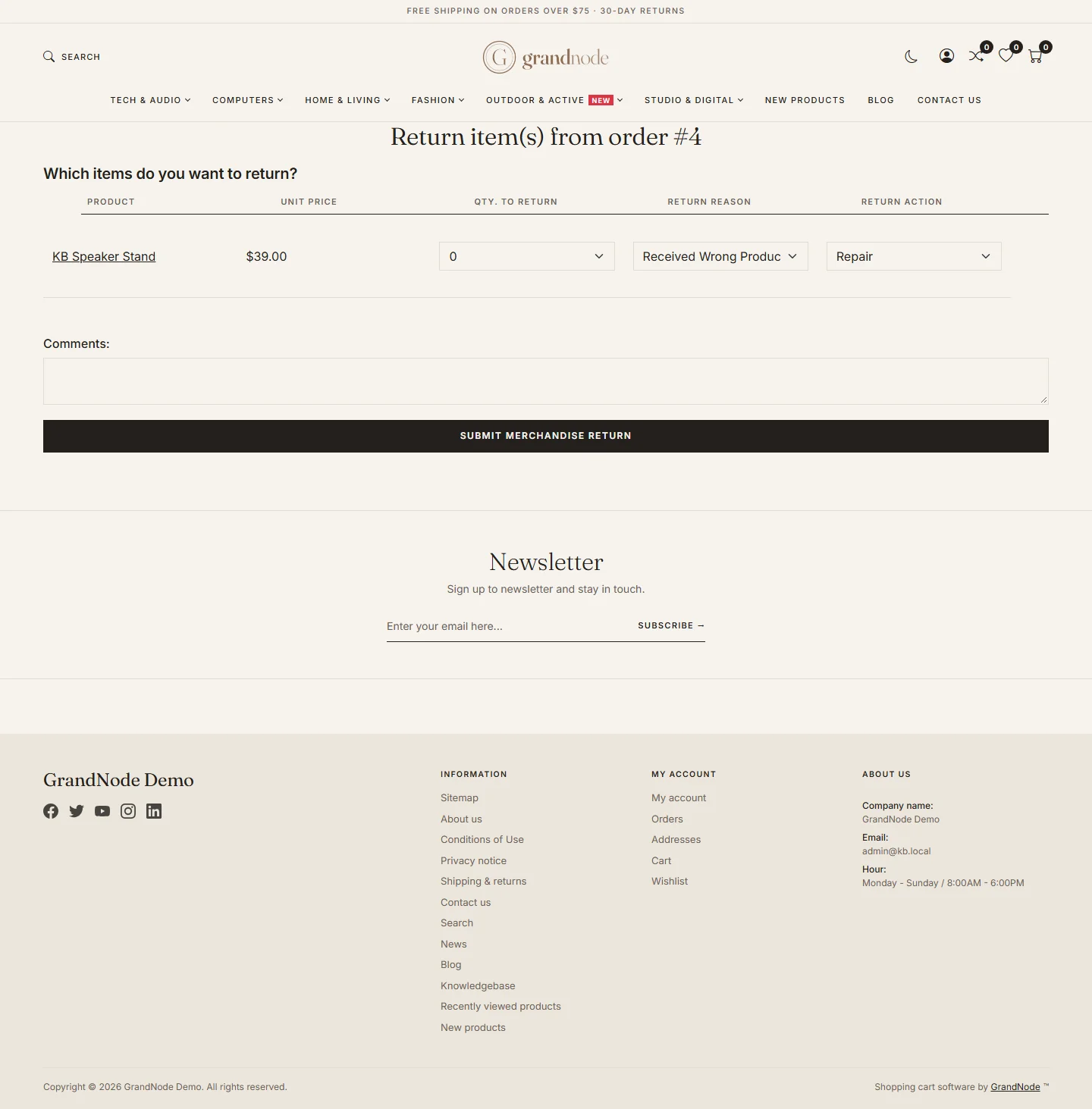 The storefront form Return item(s) from order #4 with the item, quantity, return reason and action drop-downs and a comments field