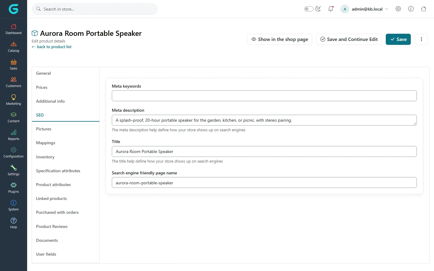 The SEO tab of Aurora Room Portable Speaker with meta keywords, meta description, title and search engine friendly page name