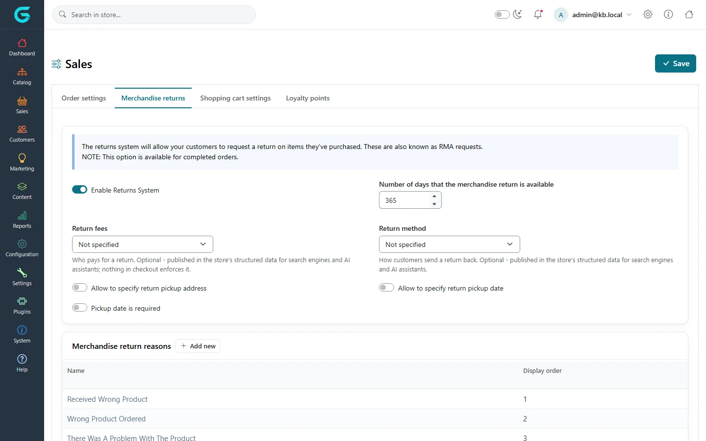 The Merchandise returns tab with Enable Returns System, number of days, Return fees and Return method set to Not specified