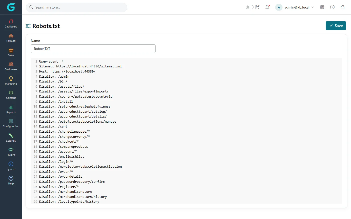 The Robots.txt editor with the default rules: User-agent, Sitemap, Host and many Disallow lines for admin, cart, checkout and account pages
