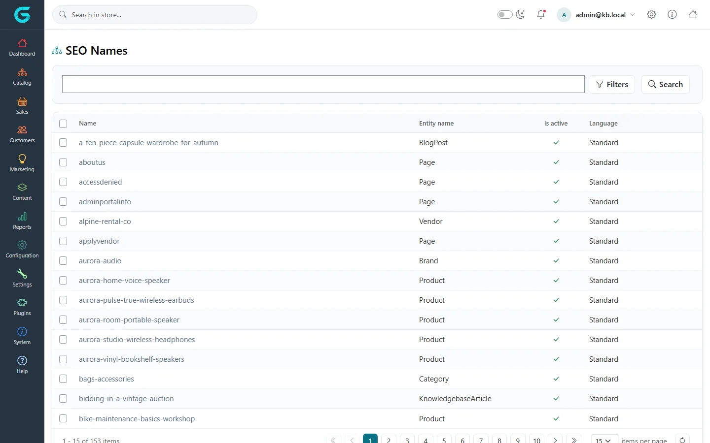 The SEO Names list with names such as aboutus, aurora-audio and aurora-room-portable-speaker, the entity type, active flag and language
