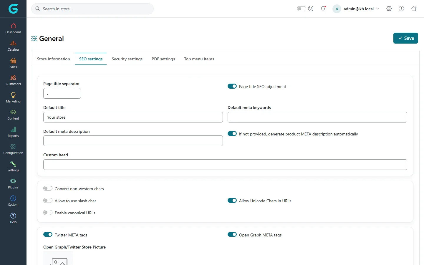 The SEO settings tab: page title separator, page title SEO adjustment, default title, default meta keywords and description, generate product meta description, custom head, URL options, canonical URLs, Twitter and Open Graph tags and the store picture
