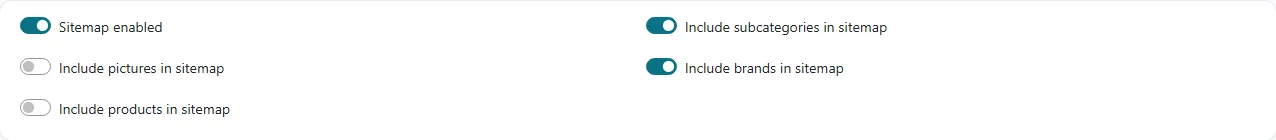 The sitemap settings: Sitemap enabled, include subcategories, include pictures, include brands and include products in sitemap