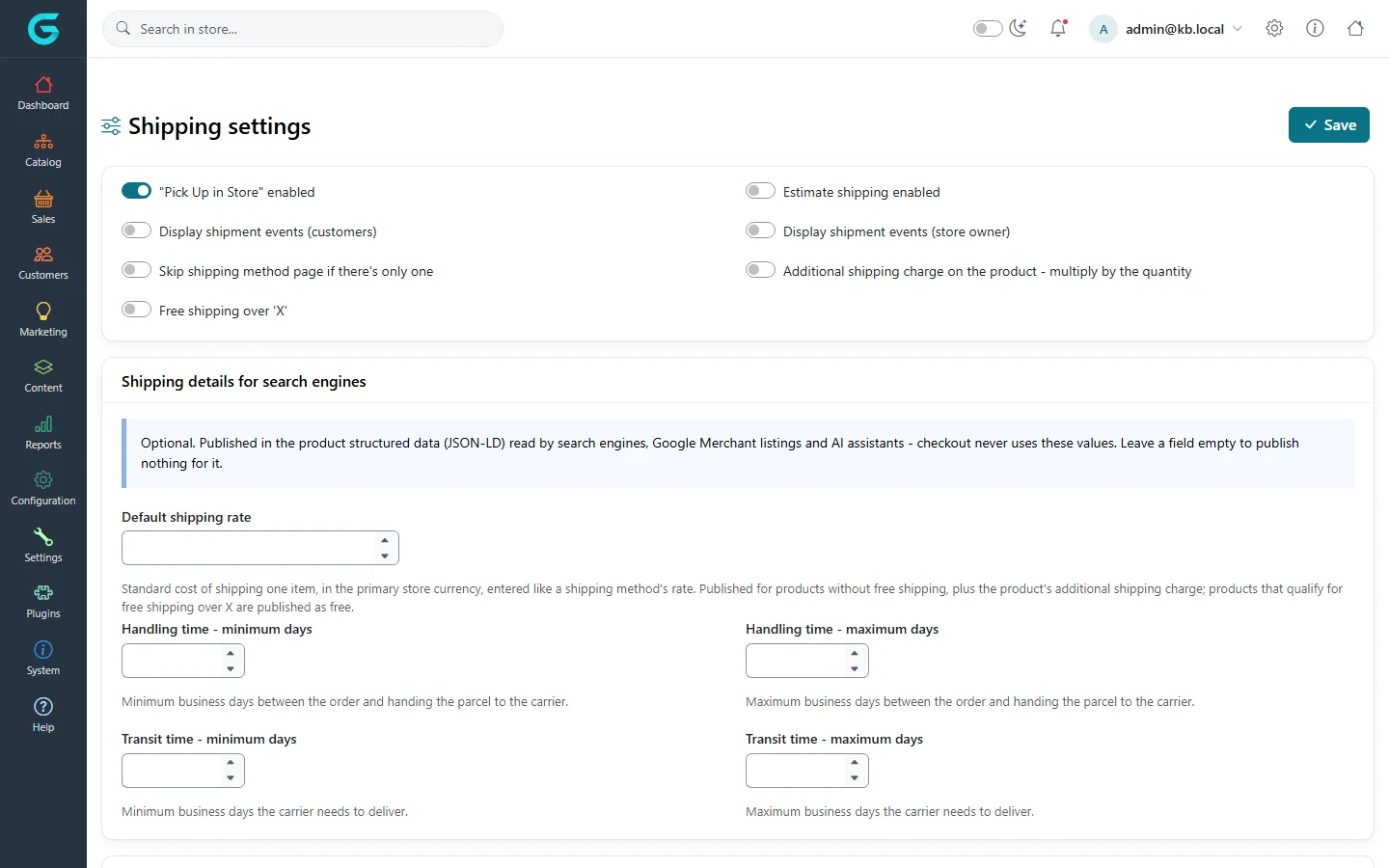 Shipping settings with the section Shipping details for search engines: default shipping rate, handling time minimum and maximum days, transit time minimum and maximum days