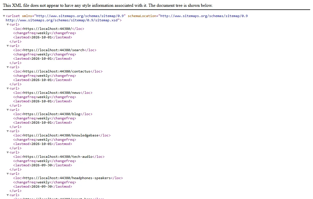The generated sitemap.xml opened in a browser, listing URLs with changefreq and lastmod