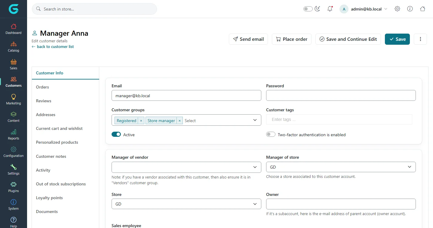 Admin panel customer editor with the Store manager customer group and the Manager of store field set