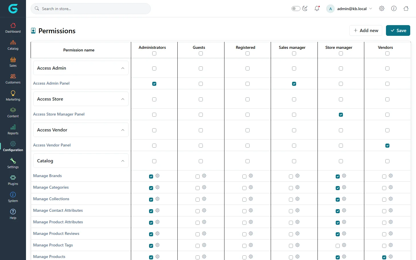 Admin panel Permissions screen with the Store manager column and Access Store Manager Panel ticked