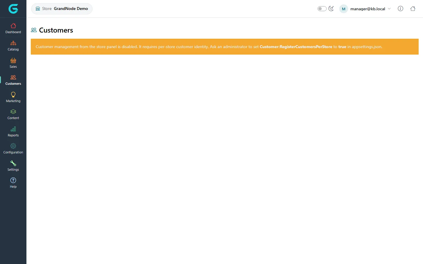 The store panel Customers page with the notice that customer management is disabled and requires Customer:RegisterCustomersPerStore set to true in appsettings.json