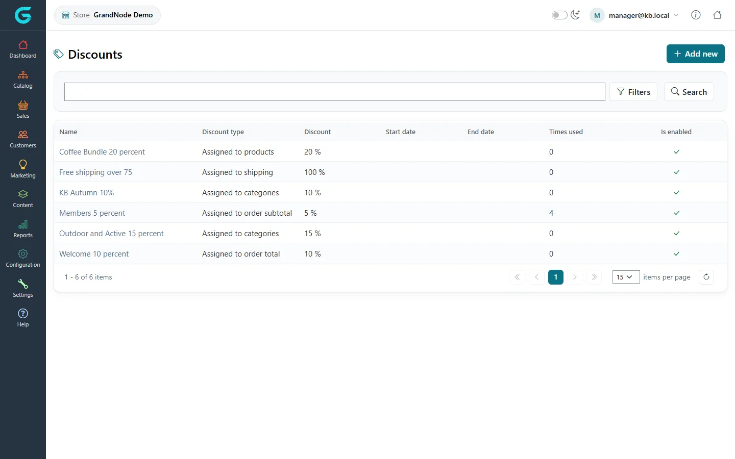 The store panel Discounts list with the discount names, types, values, dates, times used and enabled flags