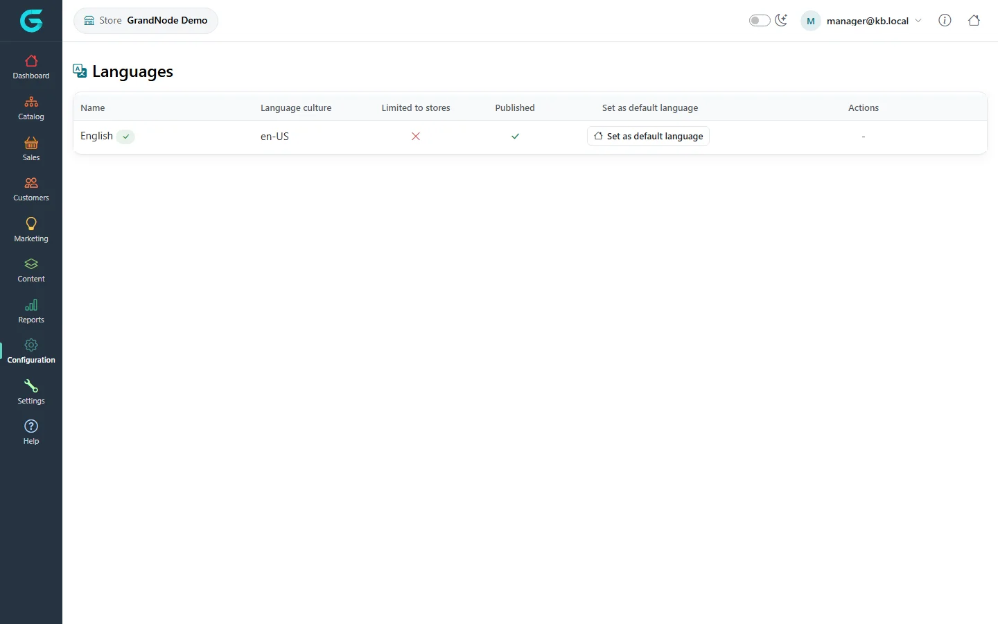 The store panel Languages list with English, culture en-US, limited to stores, published, and a Set as default language button