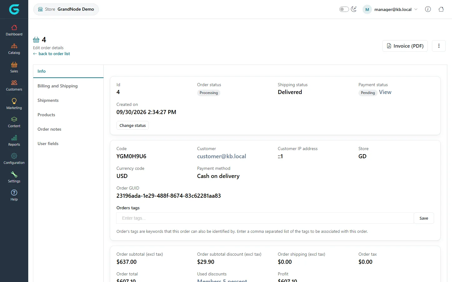 Order 4 in the store panel: order status Processing, shipping status Delivered, payment status Pending, code, customer, currency, payment method, order tags and totals