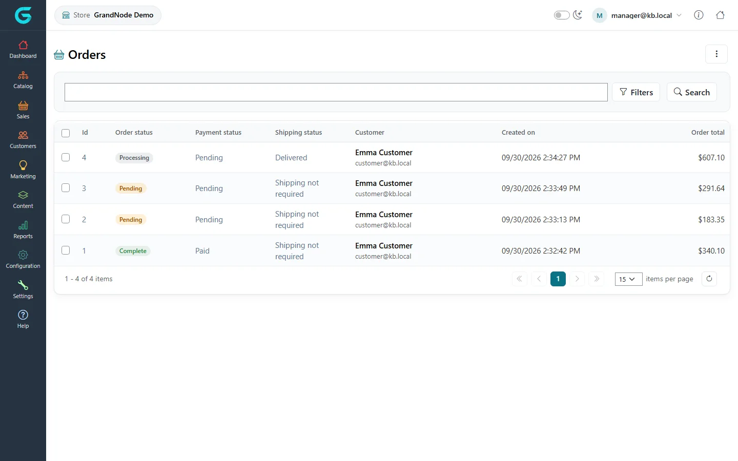 The store panel order list with orders 1 to 4, order status, payment status, shipping status, customer, date and total
