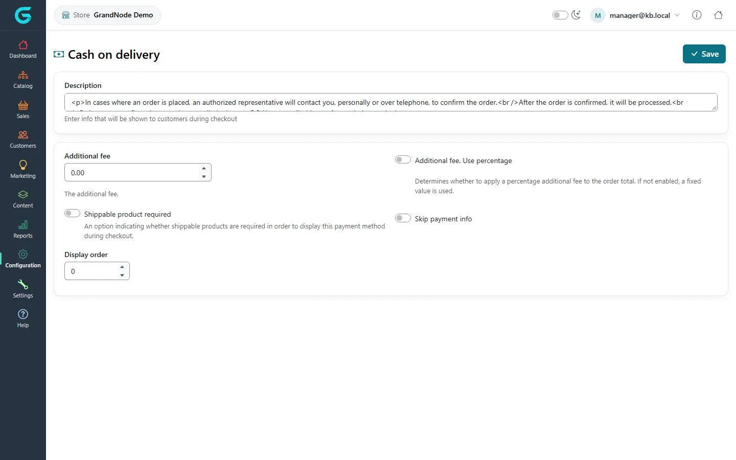 The Cash on delivery configuration in the store panel with the description, additional fee, percentage switch, shippable product required, skip payment info and display order