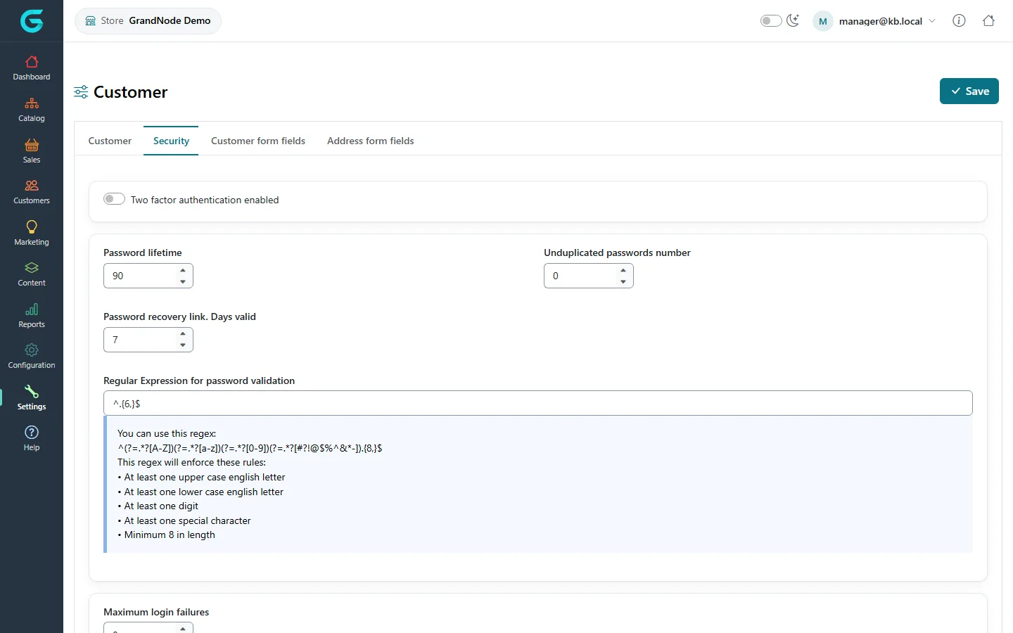 The Security tab of the customer settings in the store panel: two factor authentication, password lifetime, unduplicated passwords, recovery link validity and the password rule, without the password format fields