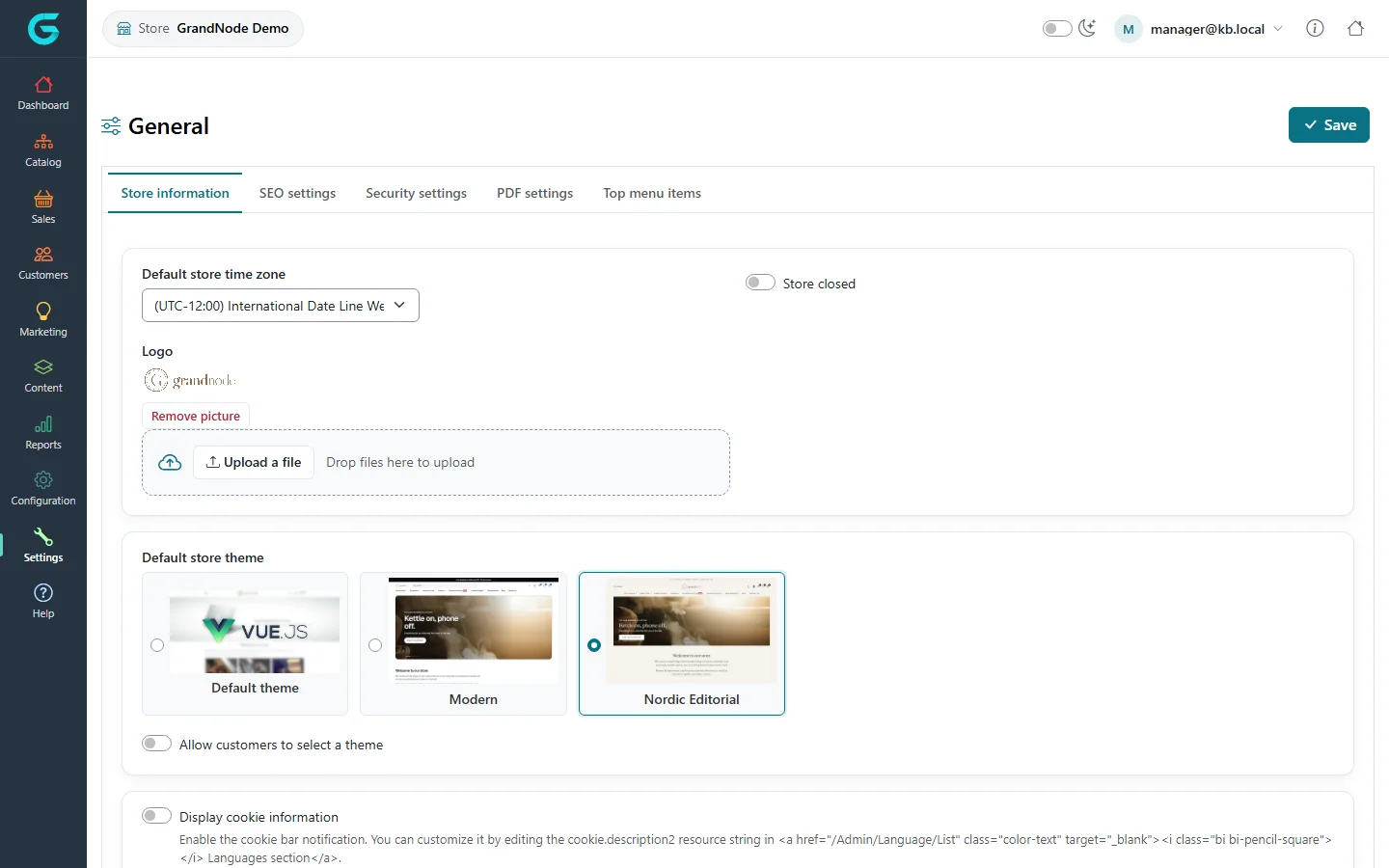 General settings in the store panel: time zone, store closed, logo upload, default store theme with Default theme, Modern and Nordic Editorial cards, allow customers to select a theme, and cookie information