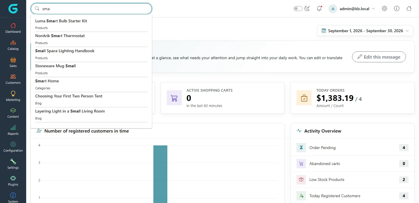The admin search box with the query sma and results: products such as Luma Smart Bulb Starter Kit, the category Smart Home and blog posts