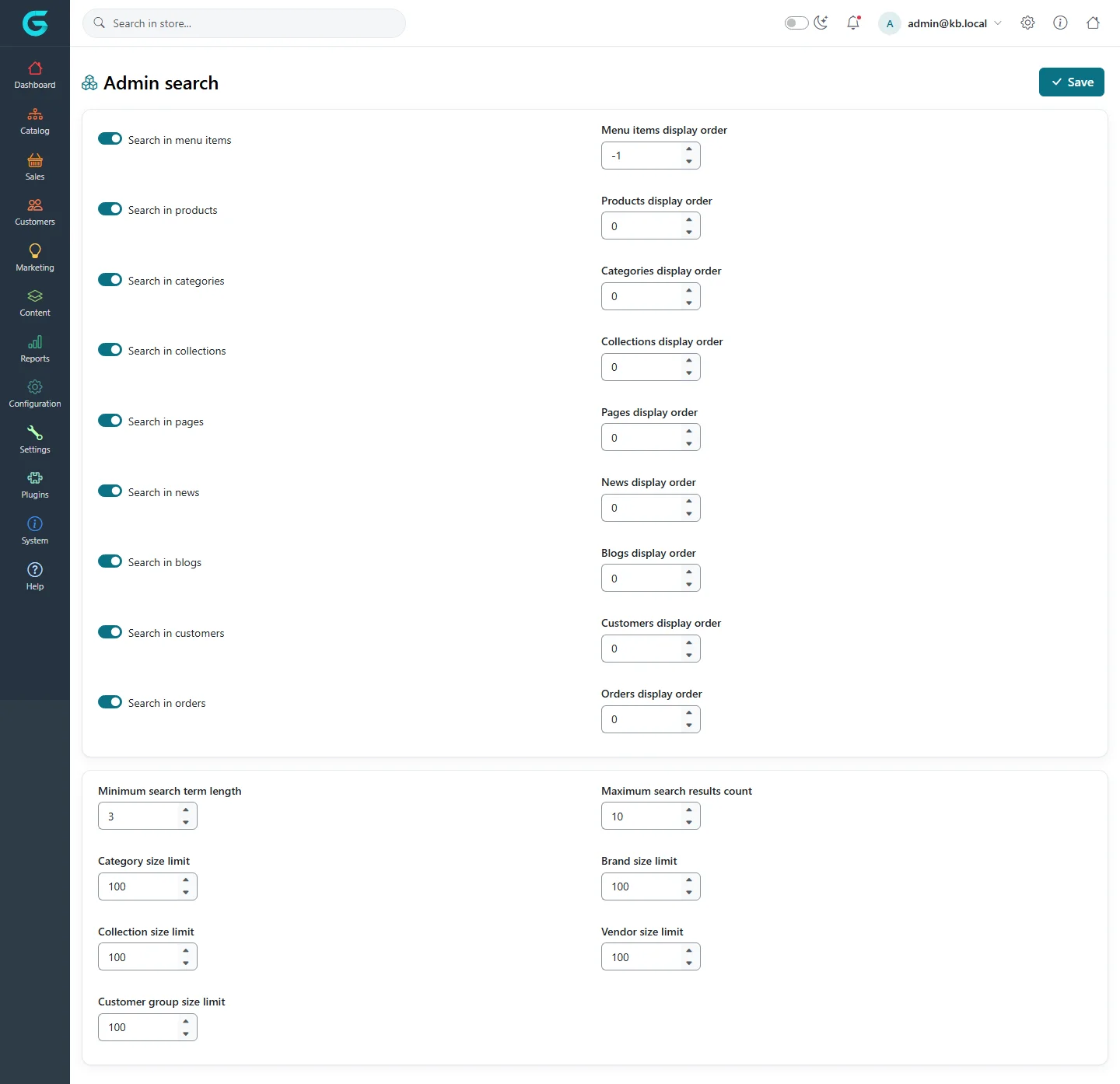 Admin search settings with switches for menu items, products, categories, collections, pages, news, blogs, customers and orders, display orders, minimum search term length and size limits
