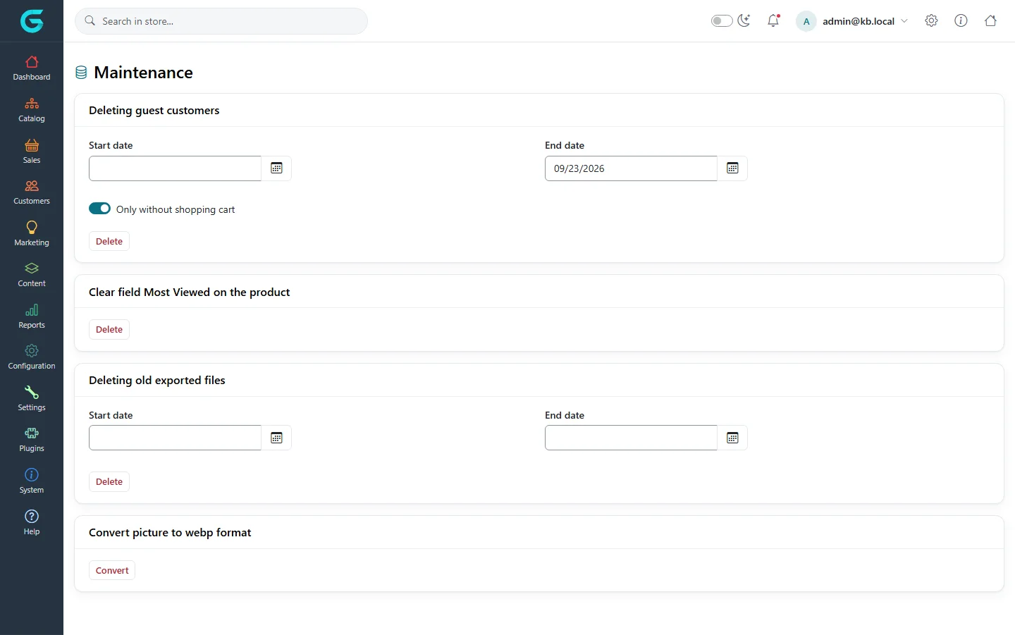The Maintenance page: deleting guest customers with a date range and only without shopping cart, clear most viewed on the product, deleting old exported files with a date range, and convert pictures to WebP
