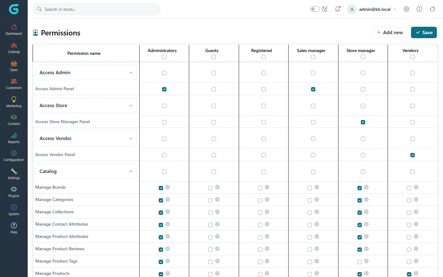 The Permissions matrix with sections Access Admin, Access Store, Access Vendor and Catalog, and columns for Administrators, Guests, Registered, Sales manager, Store manager and Vendors