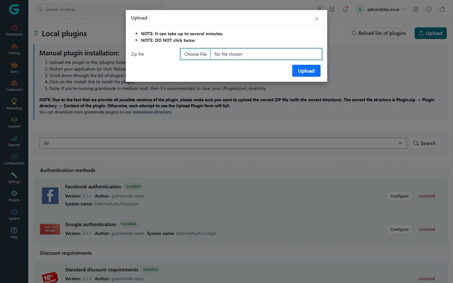 The Upload dialog over the Local plugins page, with notes that it can take several minutes and must not be clicked twice, and a Zip file picker