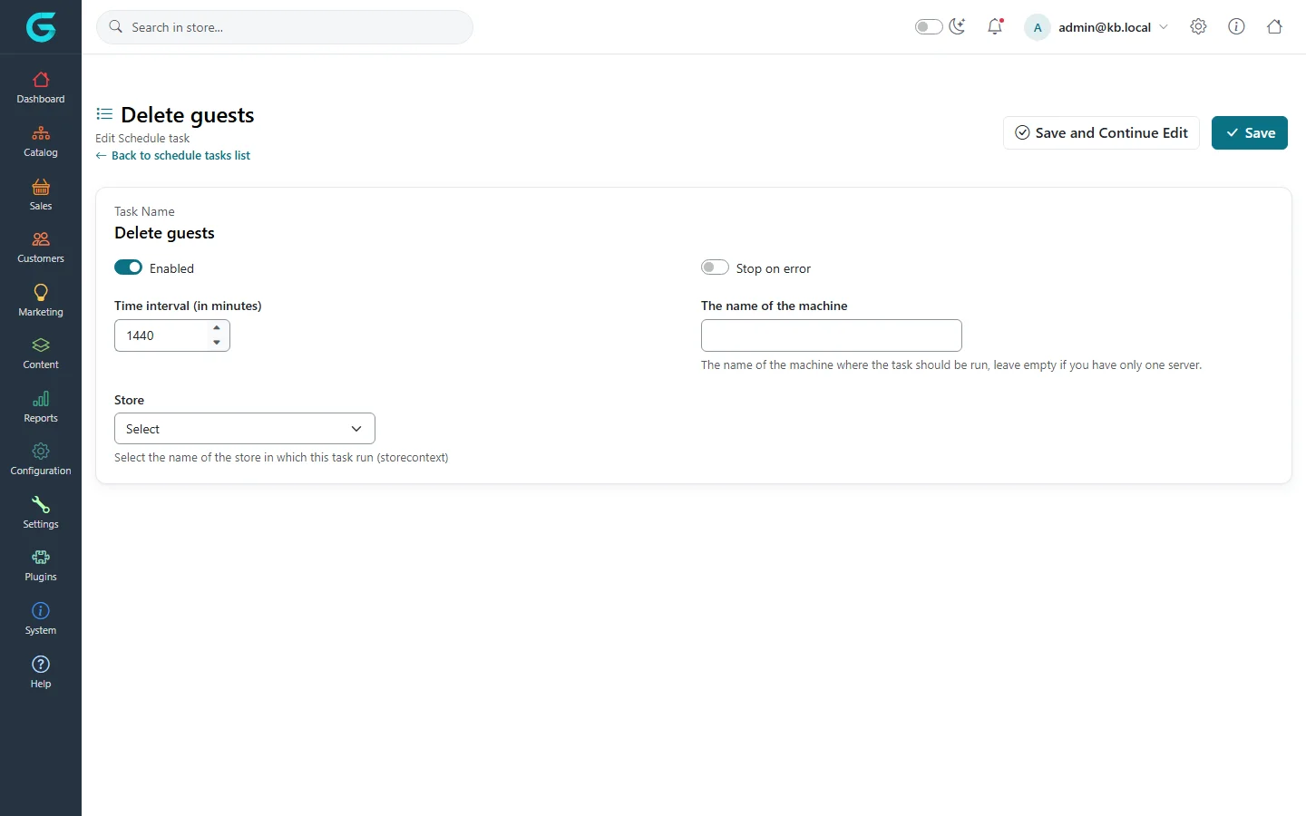 Editing the task Delete guests: enabled, stop on error, time interval 1440 minutes, machine name and store