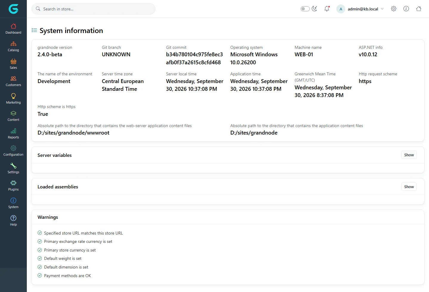System information: version 2.4.0-beta, git commit, operating system, machine name, ASP.NET version, environment, times, paths, server variables, loaded assemblies and a Warnings list with all checks passing