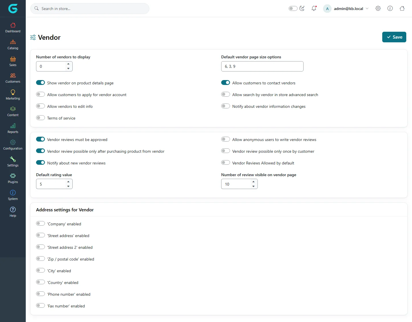 The Vendor settings page with switches for vendor applications, contact, profile editing, reviews and the vendor address fields