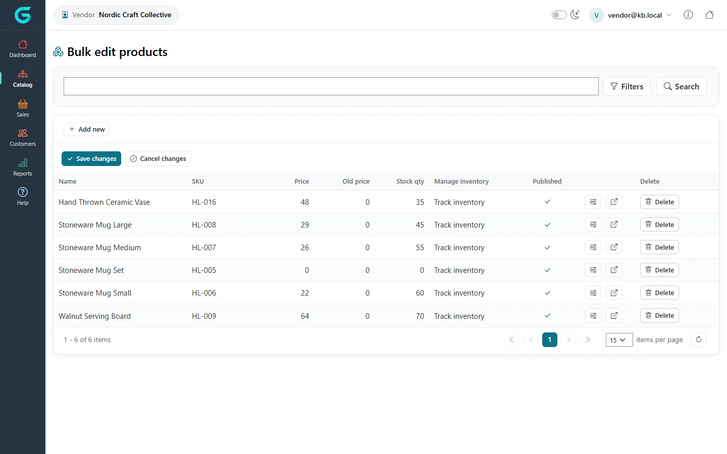The vendor Bulk edit products grid with the vendor products, SKUs, prices, stock and published switches