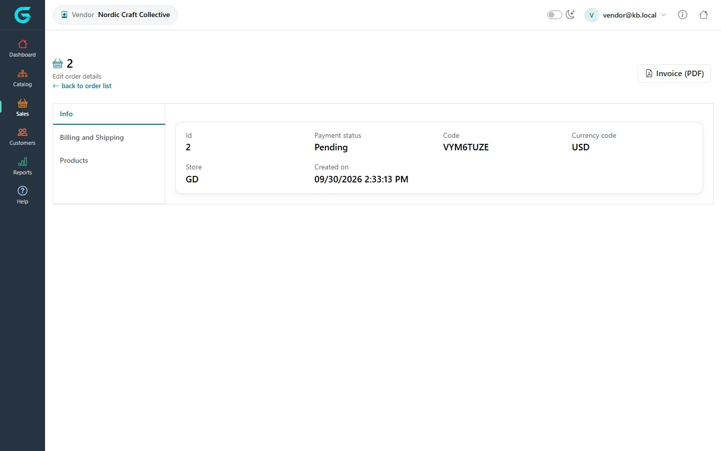 Order 2 in the vendor panel: id, payment status Pending, code, currency, store and creation date, with tabs Billing and Shipping and Products