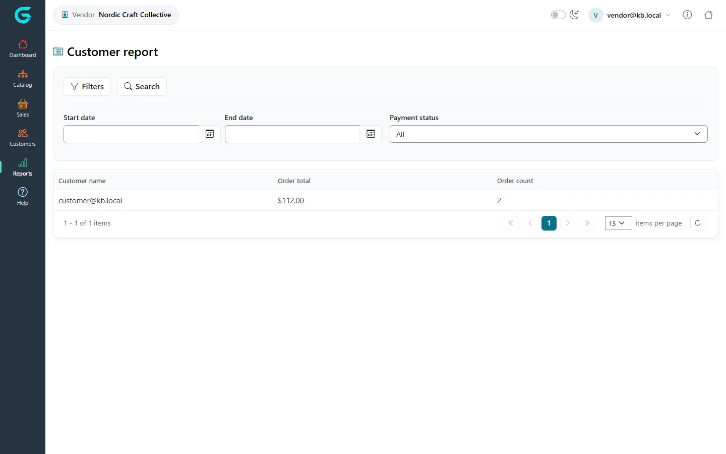 The vendor Customer report with date and payment status filters and customer@kb.local with total and order count