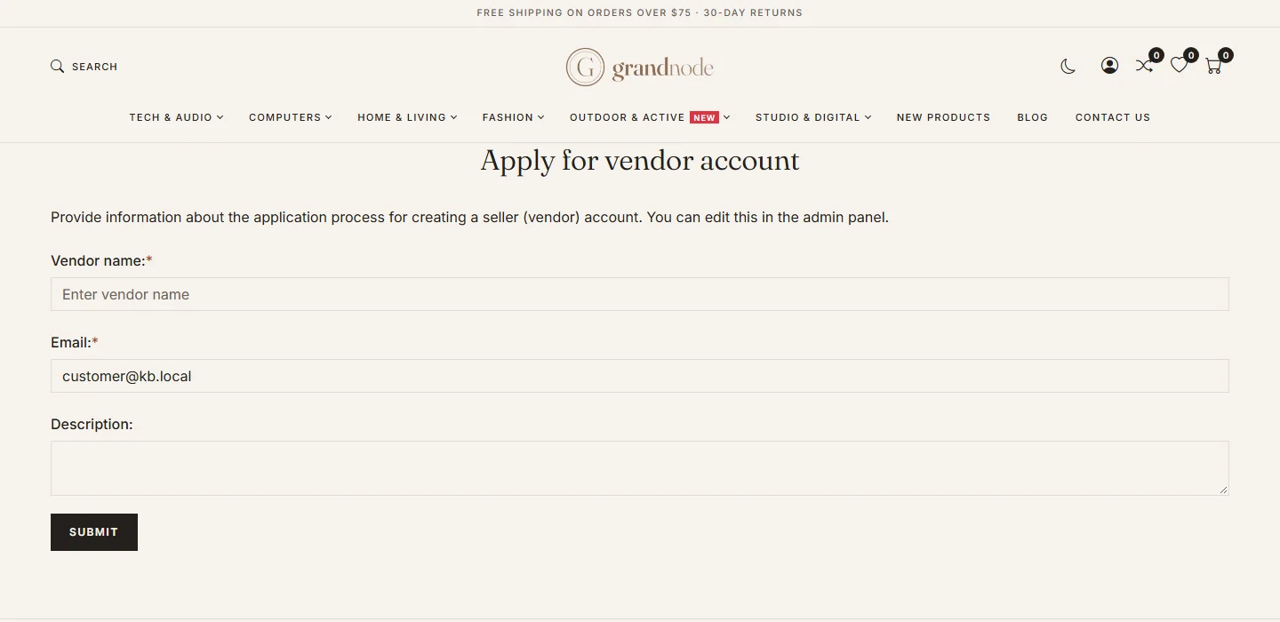 The storefront page Apply for vendor account with vendor name, e-mail and description fields and a Submit button