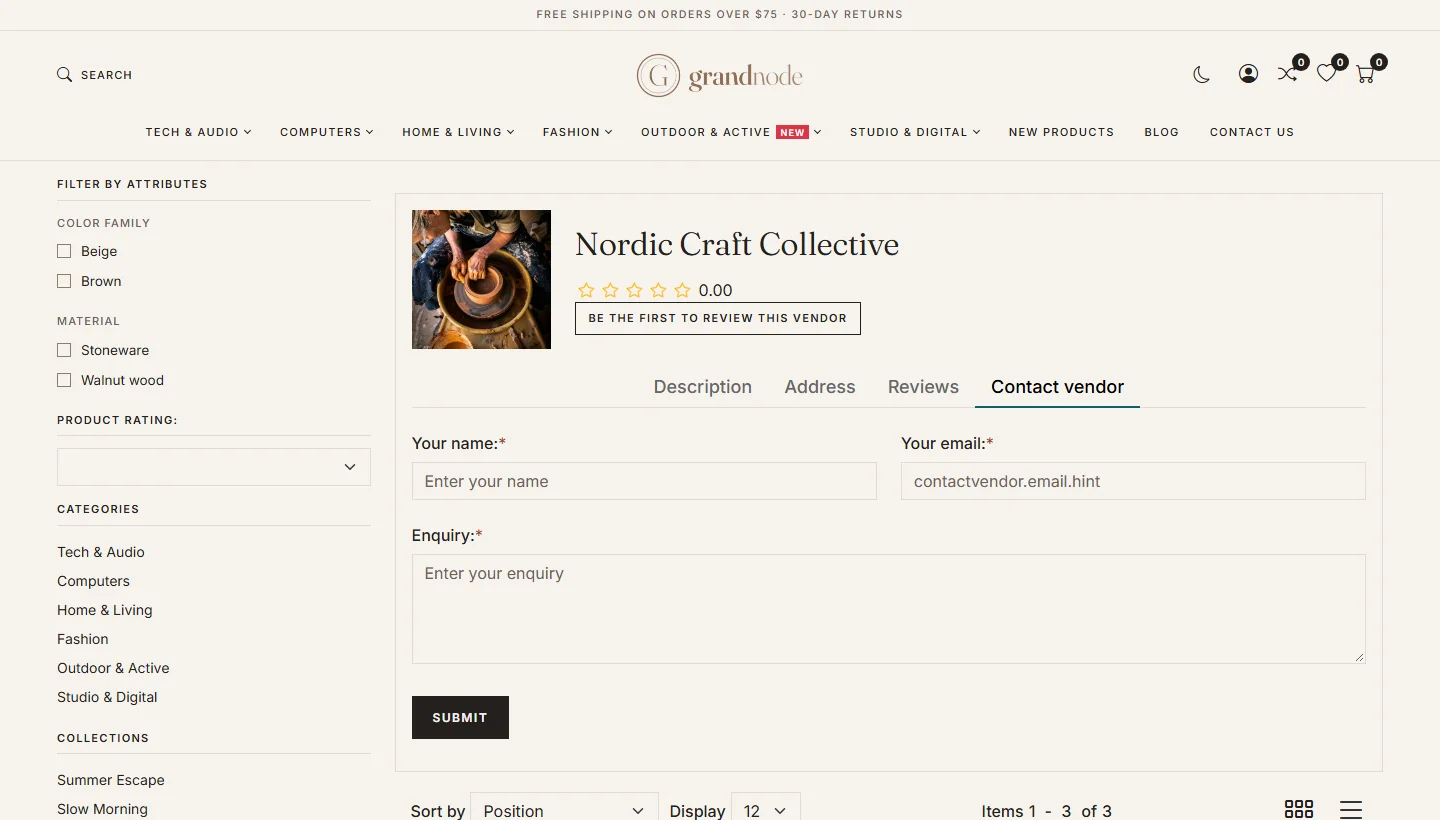 The Contact vendor tab on the vendor page with name, e-mail and enquiry fields and Submit