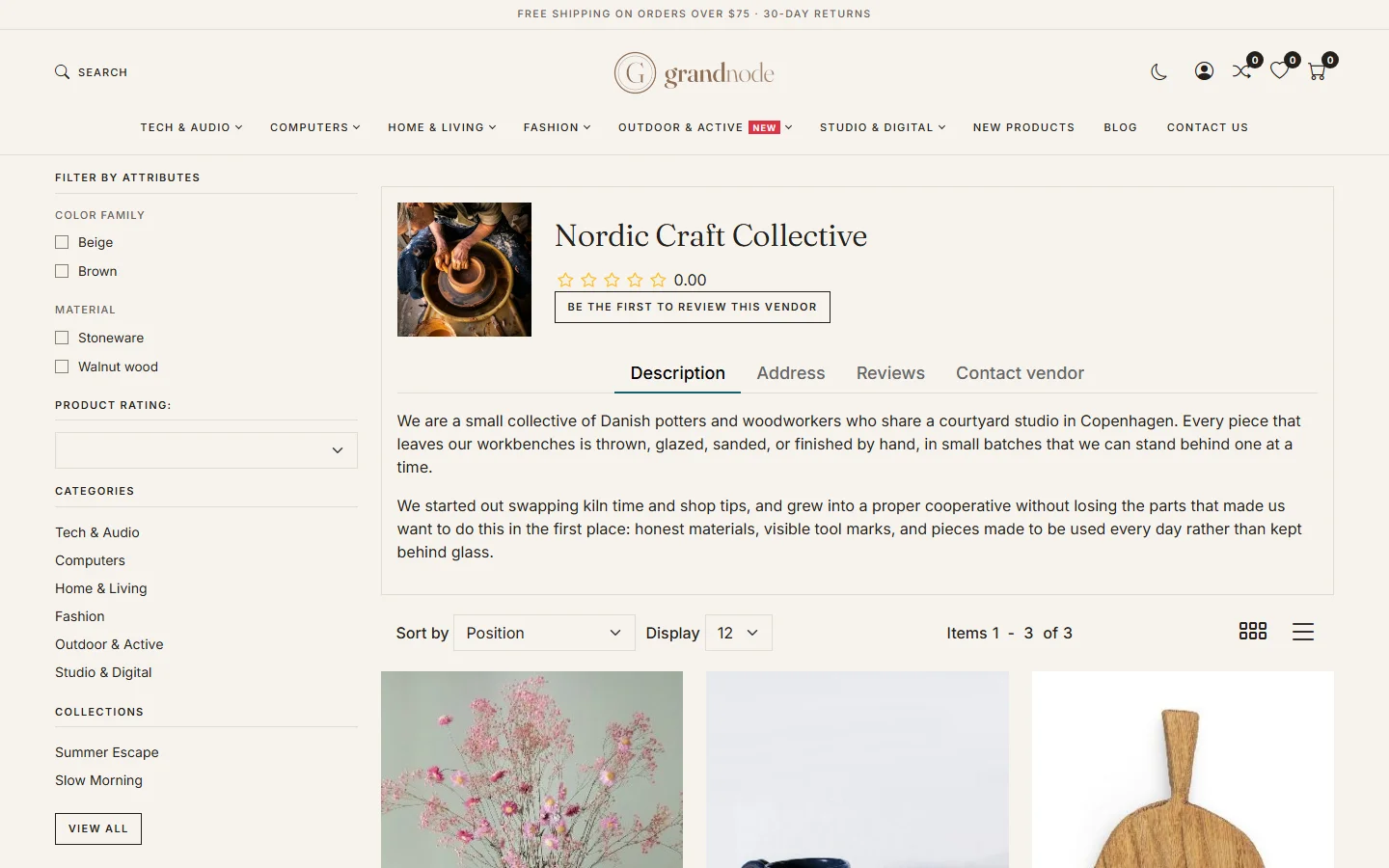 The storefront page of Nordic Craft Collective with picture, rating, description and tabs Description, Address, Reviews and Contact vendor, and the vendor products below