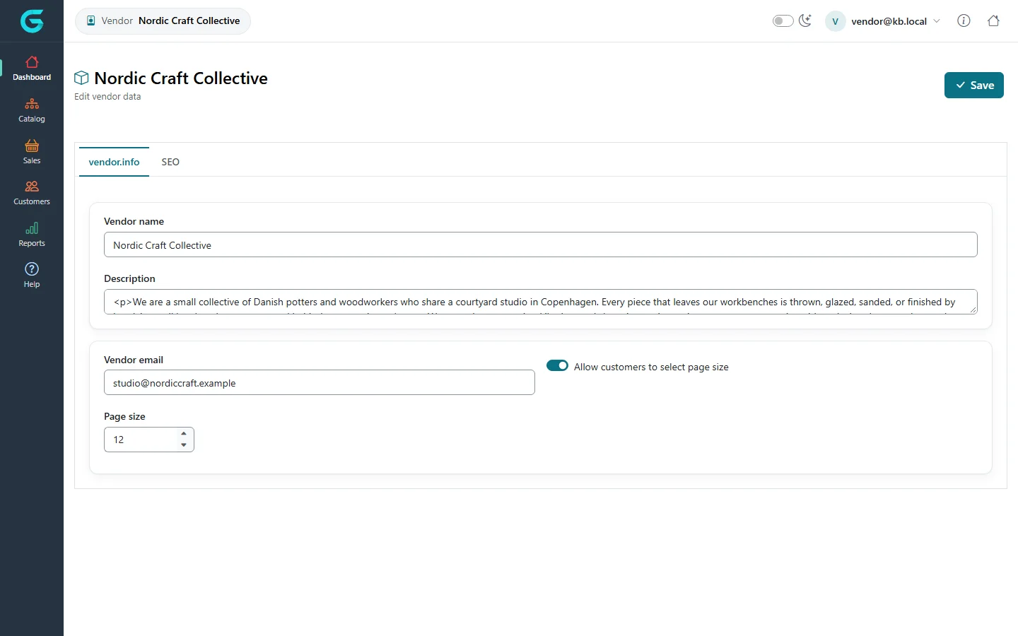 Editing Nordic Craft Collective in the vendor panel: vendor name, description, vendor e-mail, allow customers to select page size and page size options