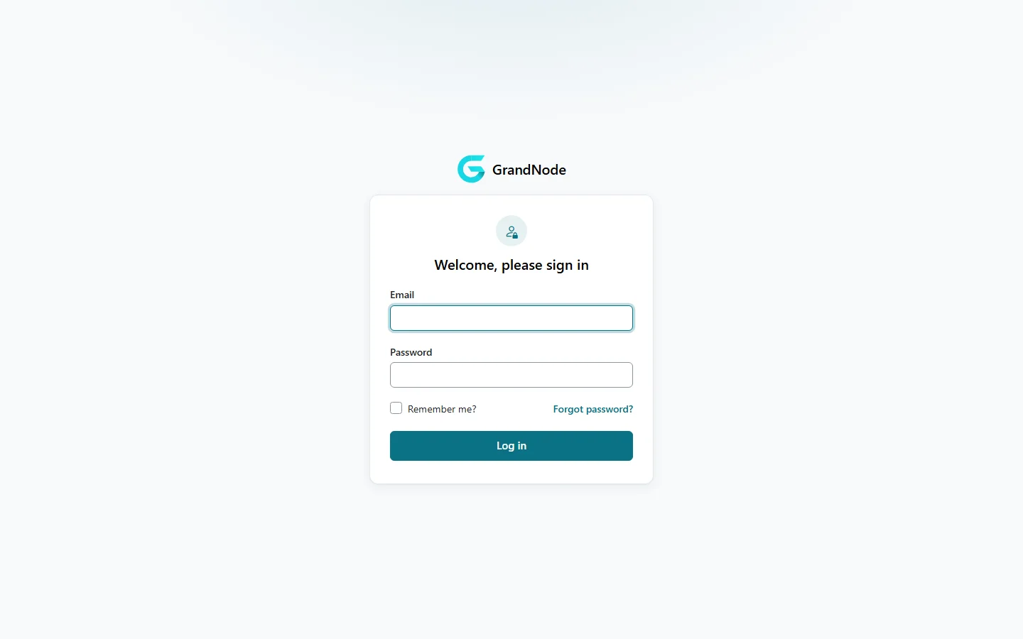 The vendor panel sign-in screen with the GrandNode logo, e-mail, password, remember me and forgot password