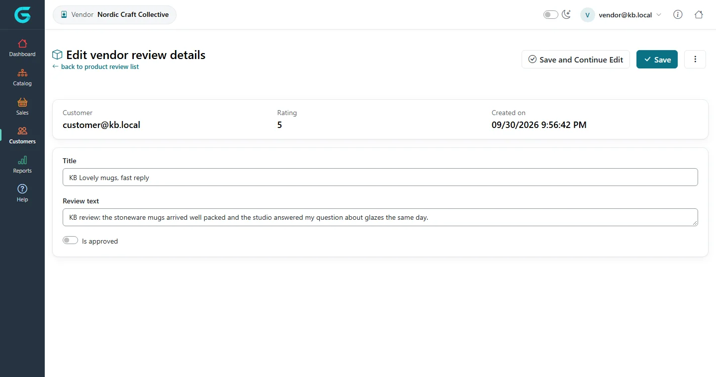 Editing a vendor review: title, text, rating and is approved